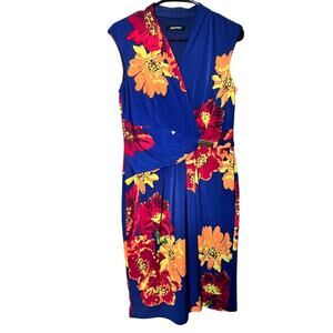 Ellen Tracy M Floral Faux Wrap Dress Blue Sleeveless Midi Vibrant Print Stretch